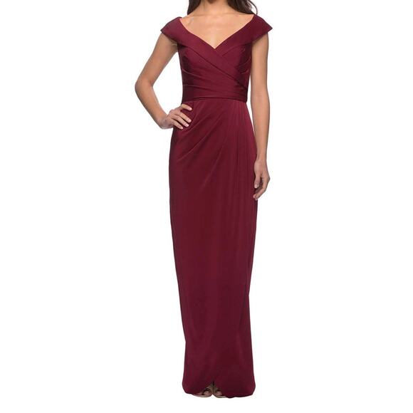 La Femme dress 25206 burgundy Surplice off the shoulder column gown size 8 - Picture 1 of 7